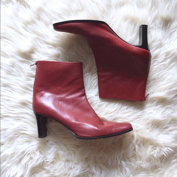 red leather flat ankle boots